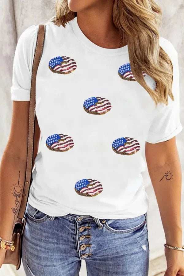 Sequined Flag Round Neck Short Sleeve T Shirt - Trendsi - Flyclothing LLC