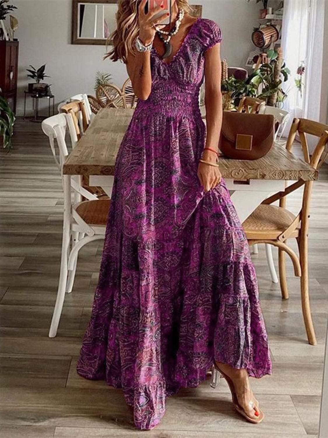 Full Size Smocked Printed V-Neck Short Sleeve Dress - Trendsi - Flyclothing LLC