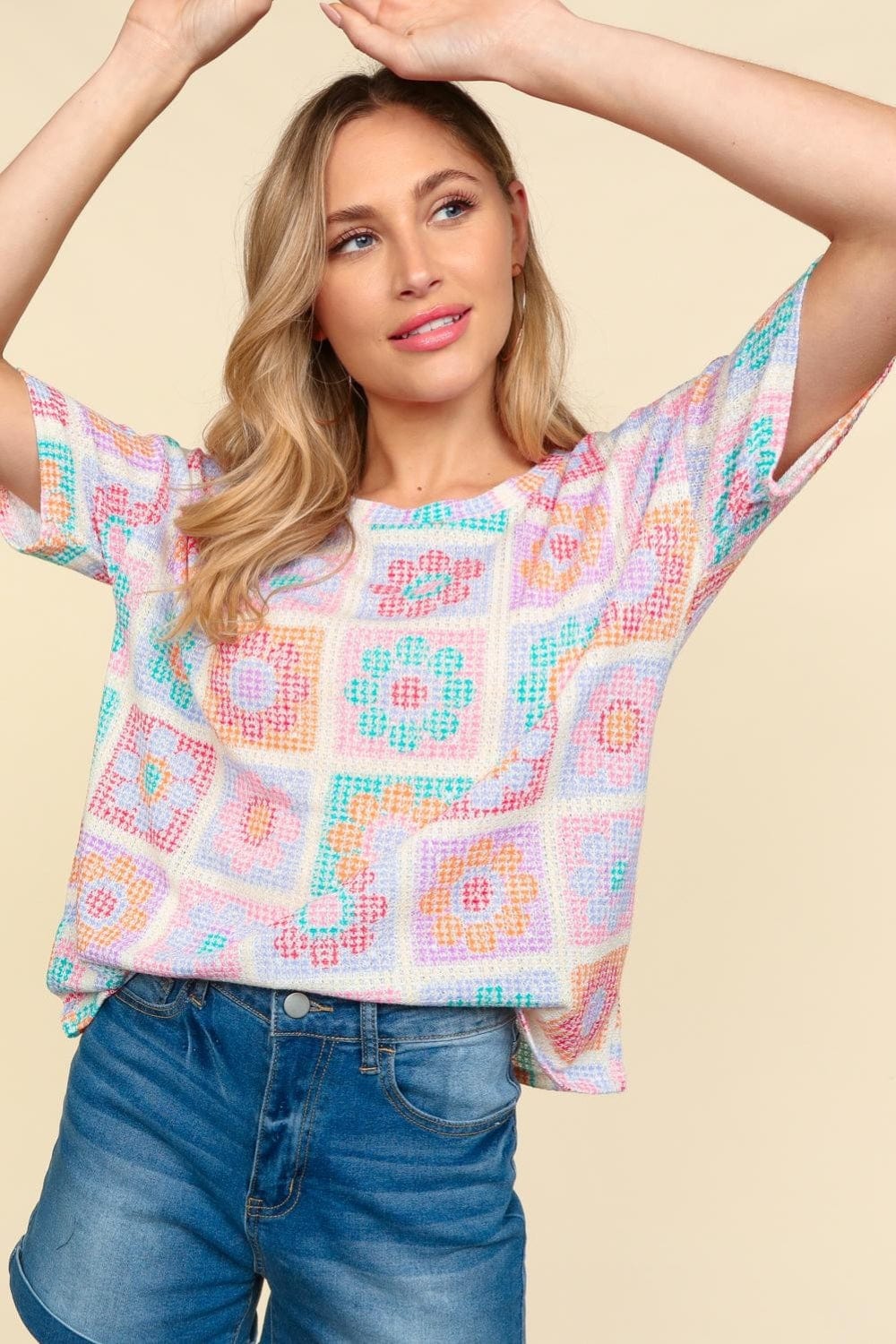 Haptics Flower Print Round Neck Short Sleeve T-Shirt - Trendsi