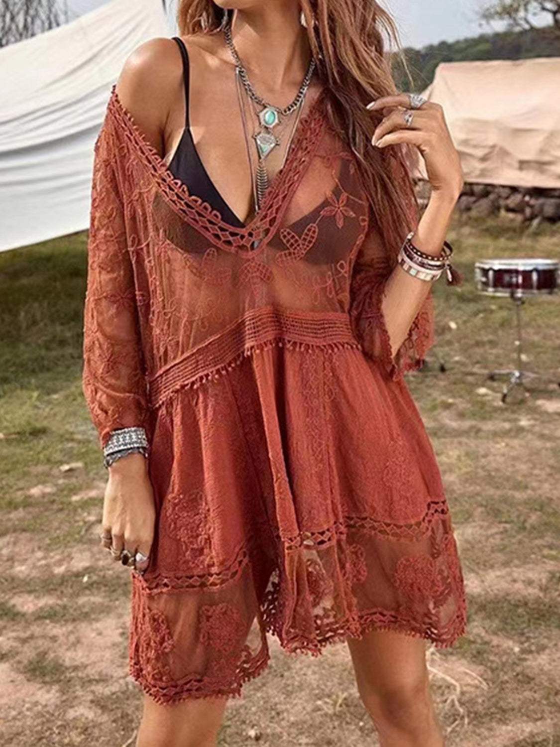 Lace Detail Plunge Cover-Up Dress - Trendsi - Flyclothing LLC