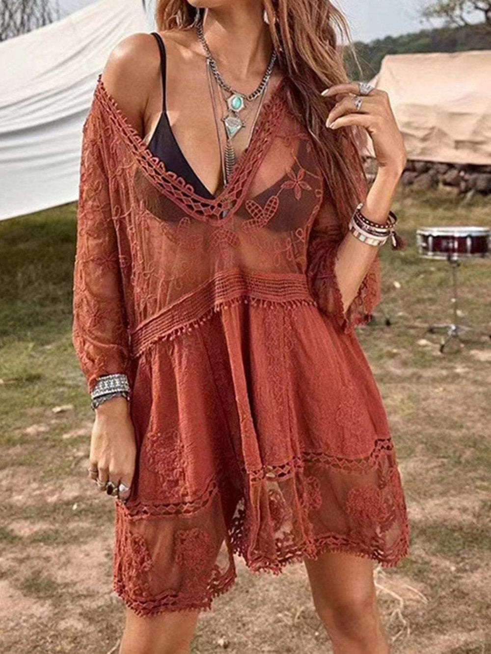 Lace Detail Plunge Cover-Up Dress - Trendsi - Flyclothing LLC