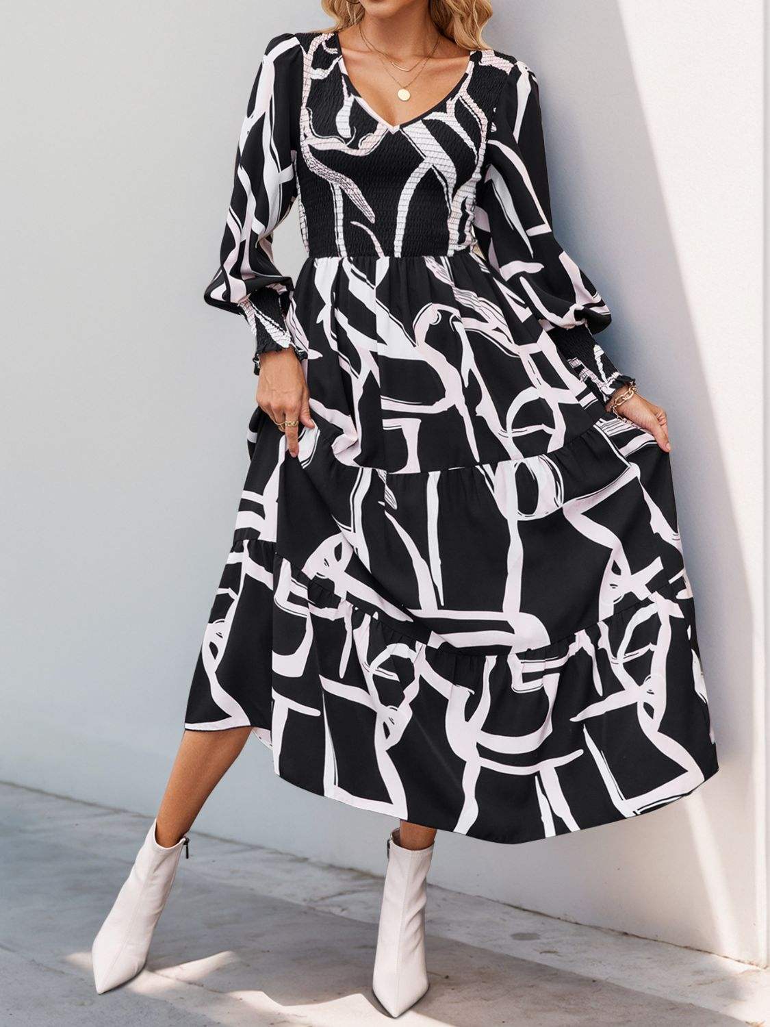 Perfee Smocked Printed Long Sleeve Midi Dress - Trendsi - Flyclothing LLC