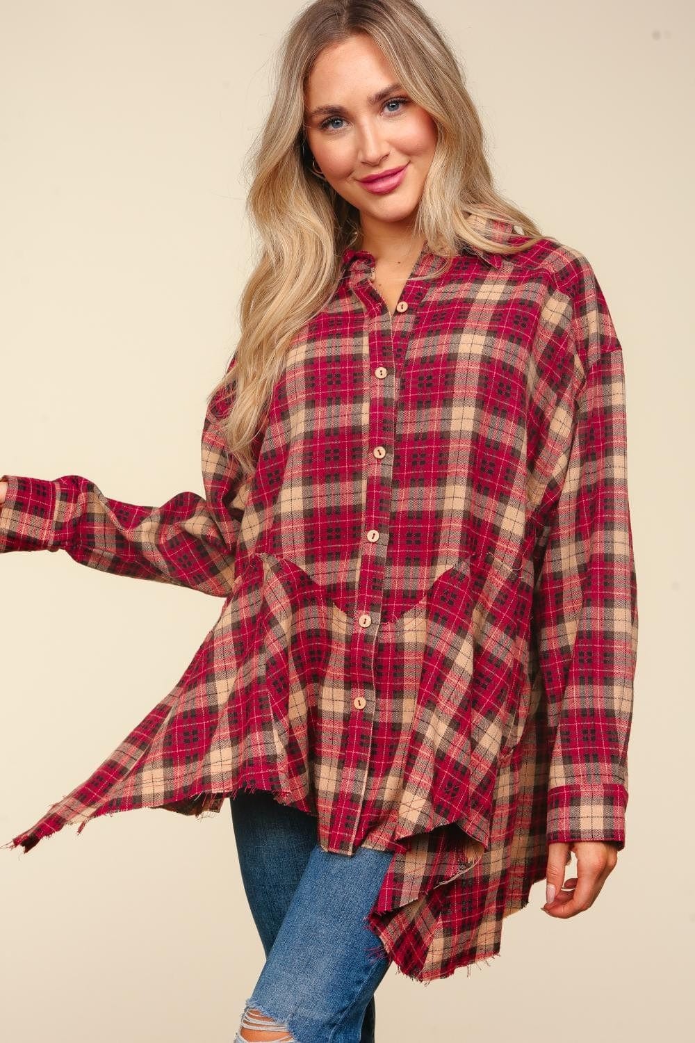 Haptics Plaid Button Down Sharkbite Shirt - Trendsi