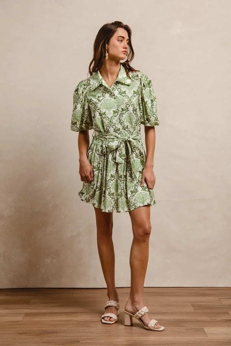 BiBi Tied Floral Short Sleeve Mini Shirt Dress - Trendsi - Flyclothing LLC