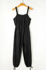 Knotted Straps Button Textured Drawstring Jumpsuit - Trendsi - Flyclothing LLC