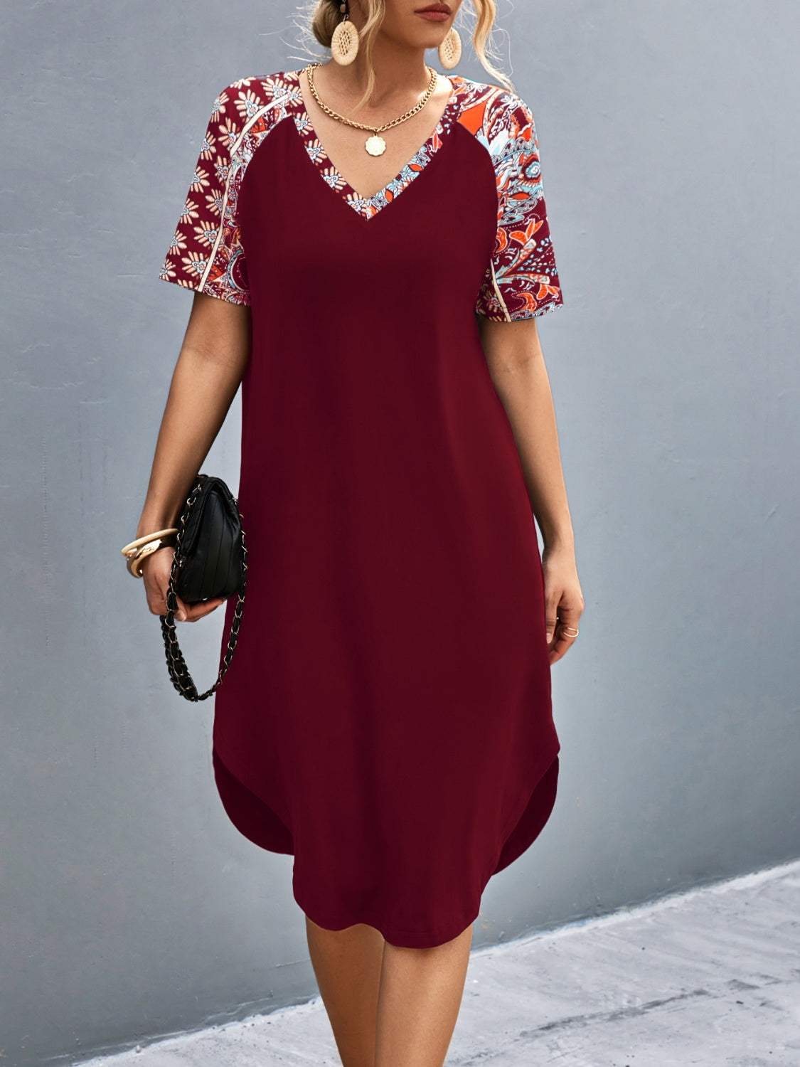 Printed V-Neck Short Sleeve Dress - Trendsi - Flyclothing LLC