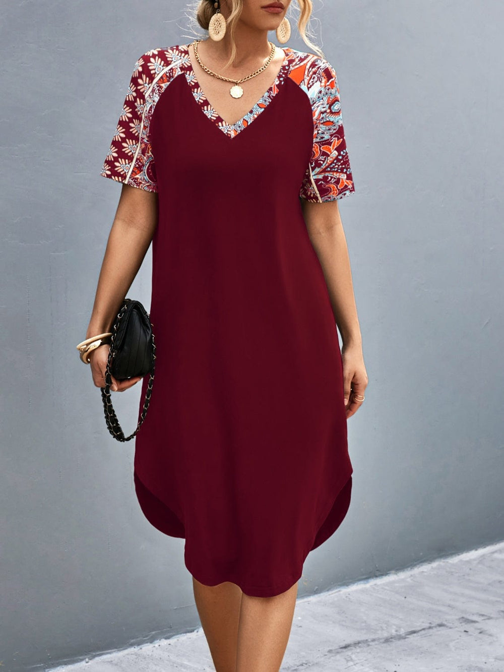 Printed V-Neck Short Sleeve Dress - Trendsi