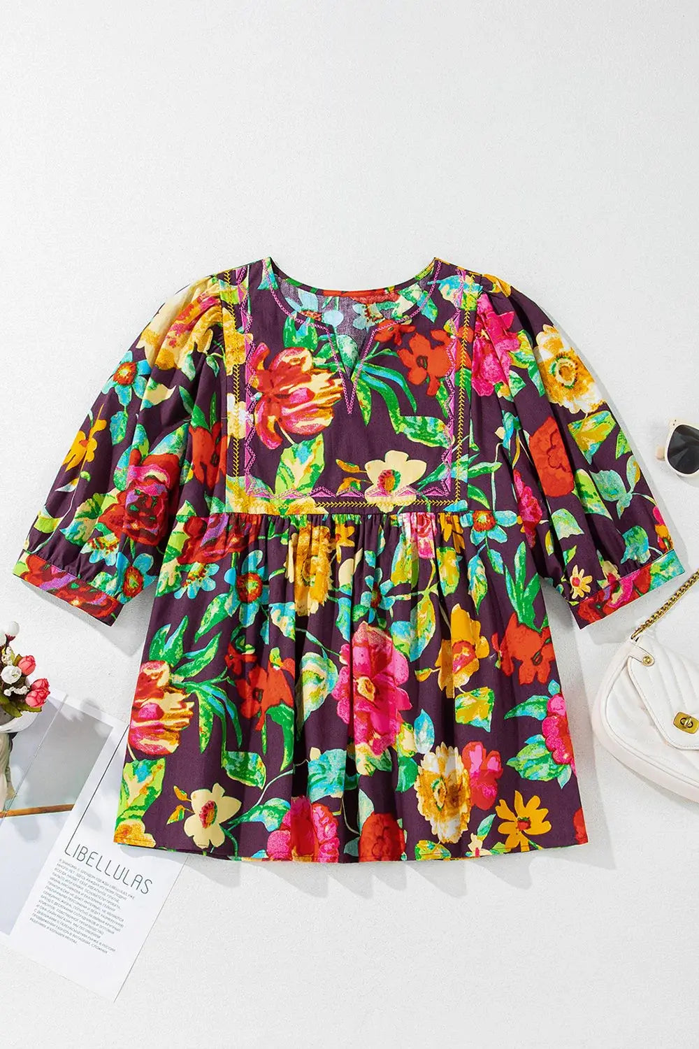 Flower Embroidered Trim Half Sleeve Blouse - Trendsi - Flyclothing LLC