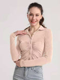 Ruched Button Up Long Sleeve T-Shirt - Trendsi - Flyclothing LLC