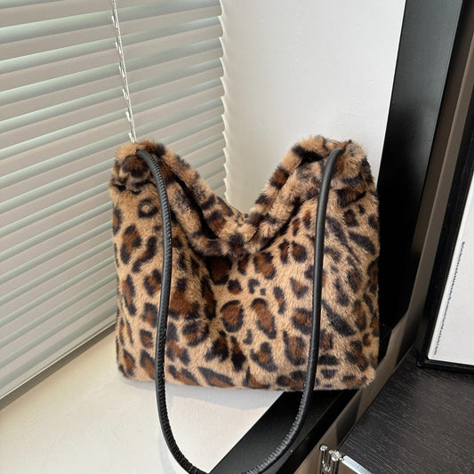 Leopard Furry Shoulder Bag - Trendsi