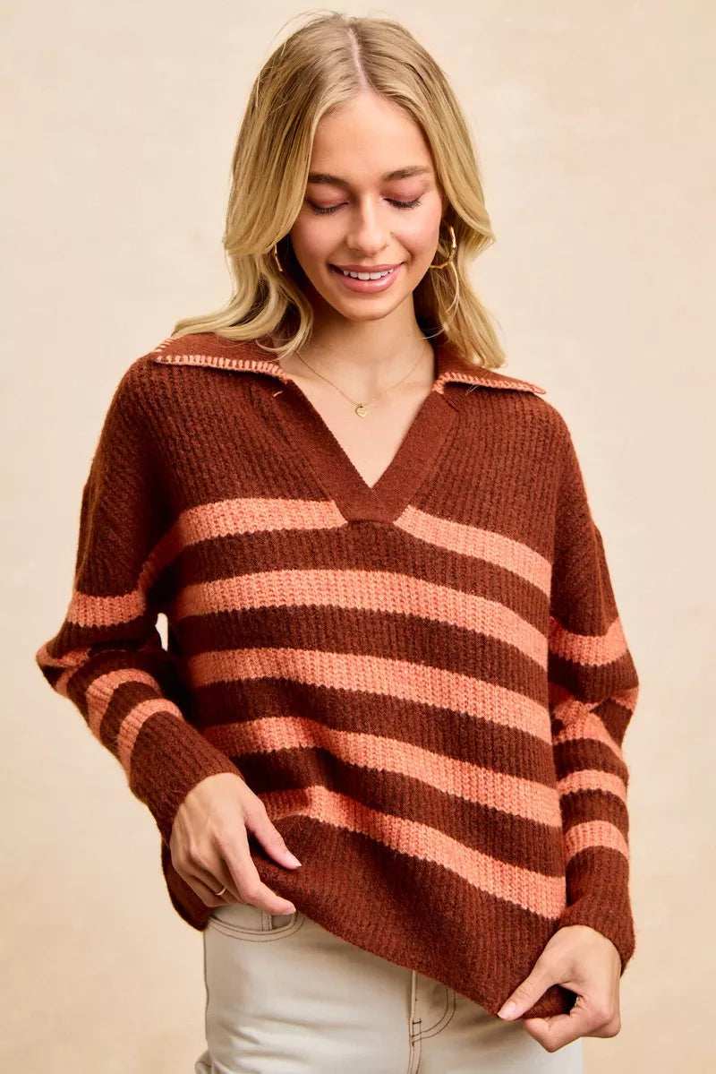 BiBi Striped Sweater Top with Collar Stitched Details - Trendsi - Flyclothing LLC