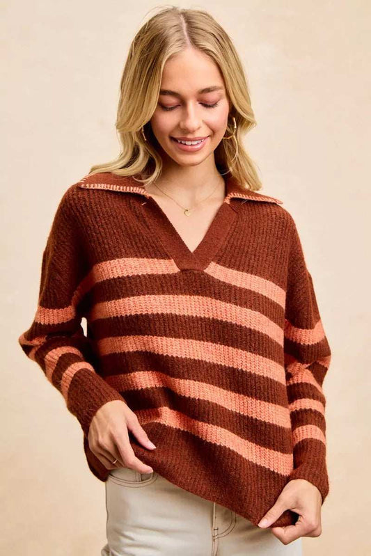 BiBi Striped Sweater Top with Collar Stitched Details - Trendsi - Flyclothing LLC