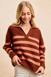 BiBi Striped Sweater Top with Collar Stitched Details - Trendsi - Flyclothing LLC