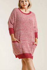 Umgee Full Size Ribbed Hem Round Neck 3/4 Sleeve Sweater Dress with Pockets Plus Size - Trendsi - Flyclothing LLC