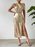 Slit One Shoulder Short Sleeve Midi Dress - Trendsi
