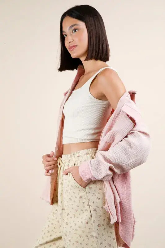 VERY J Mineral Washed Oversized Gauze Shacket - Trendsi - Flyclothing LLC
