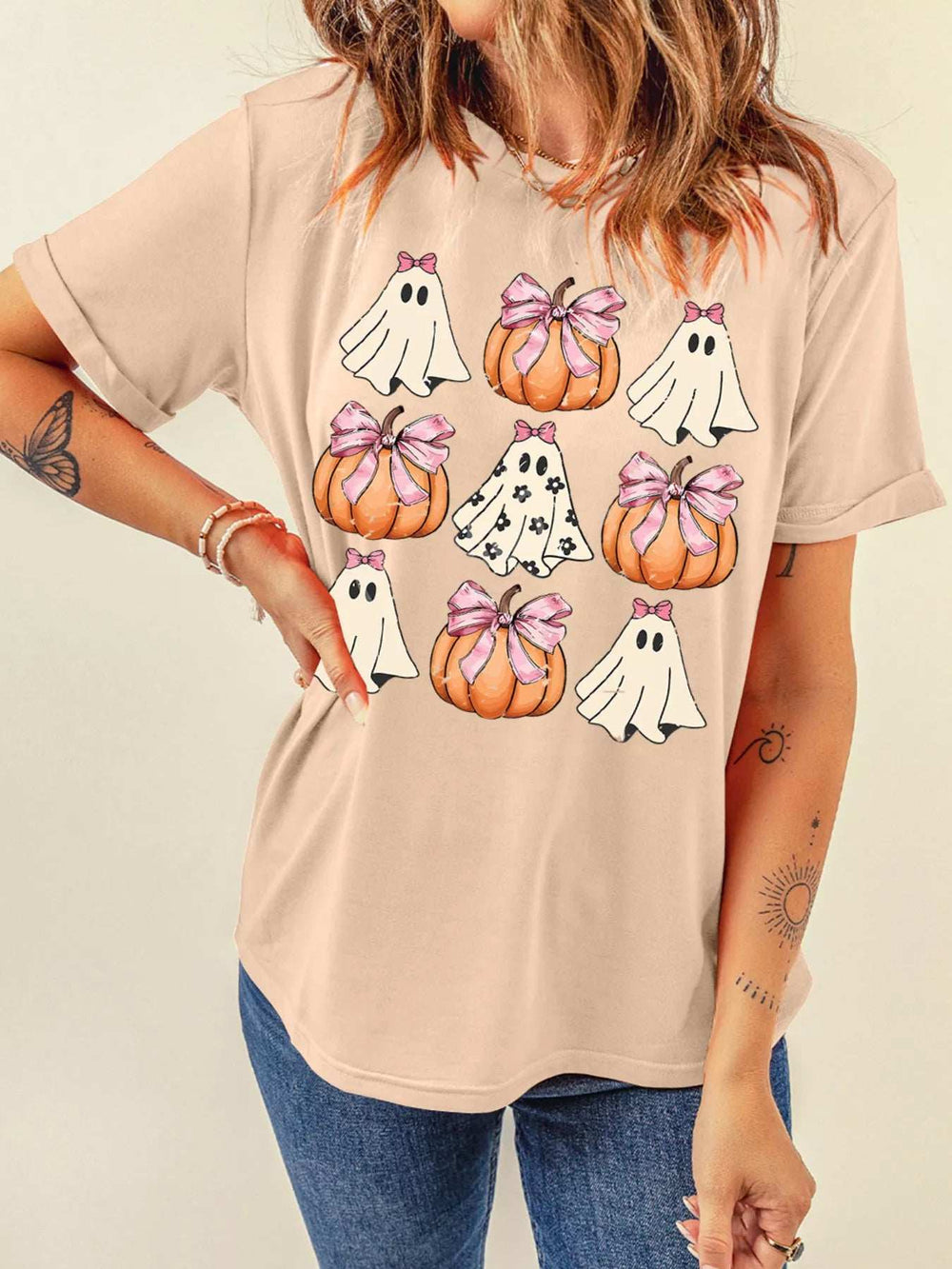 Halloween Bowknot Ghost Pumpkin Graphic T Shirt - Trendsi - Flyclothing LLC