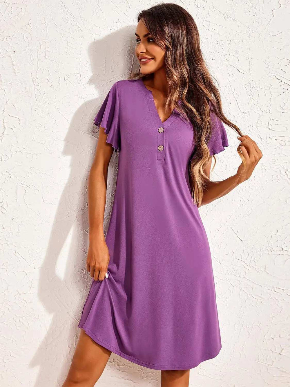 Notched Short Sleeve Lounge Dress - Trendsi - Flyclothing LLC