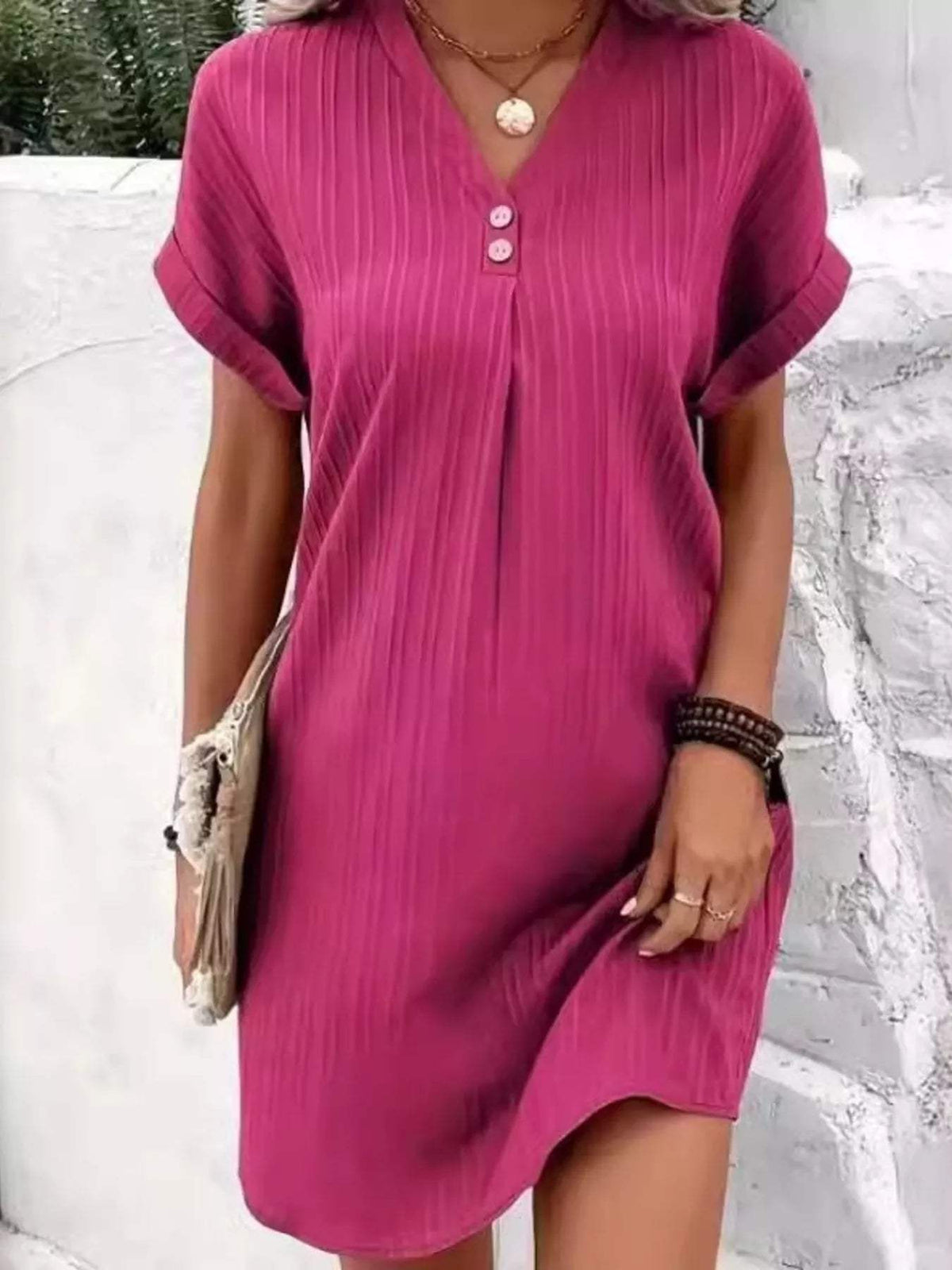 Full Size Casual V-Neck Short Sleeve Dress Plus Size - Trendsi - Flyclothing LLC