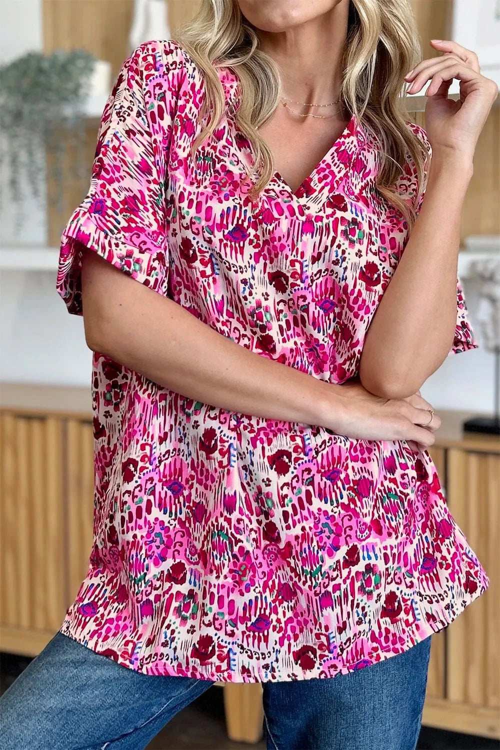 Double Take Full Size Printed V-Neck Short Sleeve Blouse - Trendsi - Flyclothing LLC