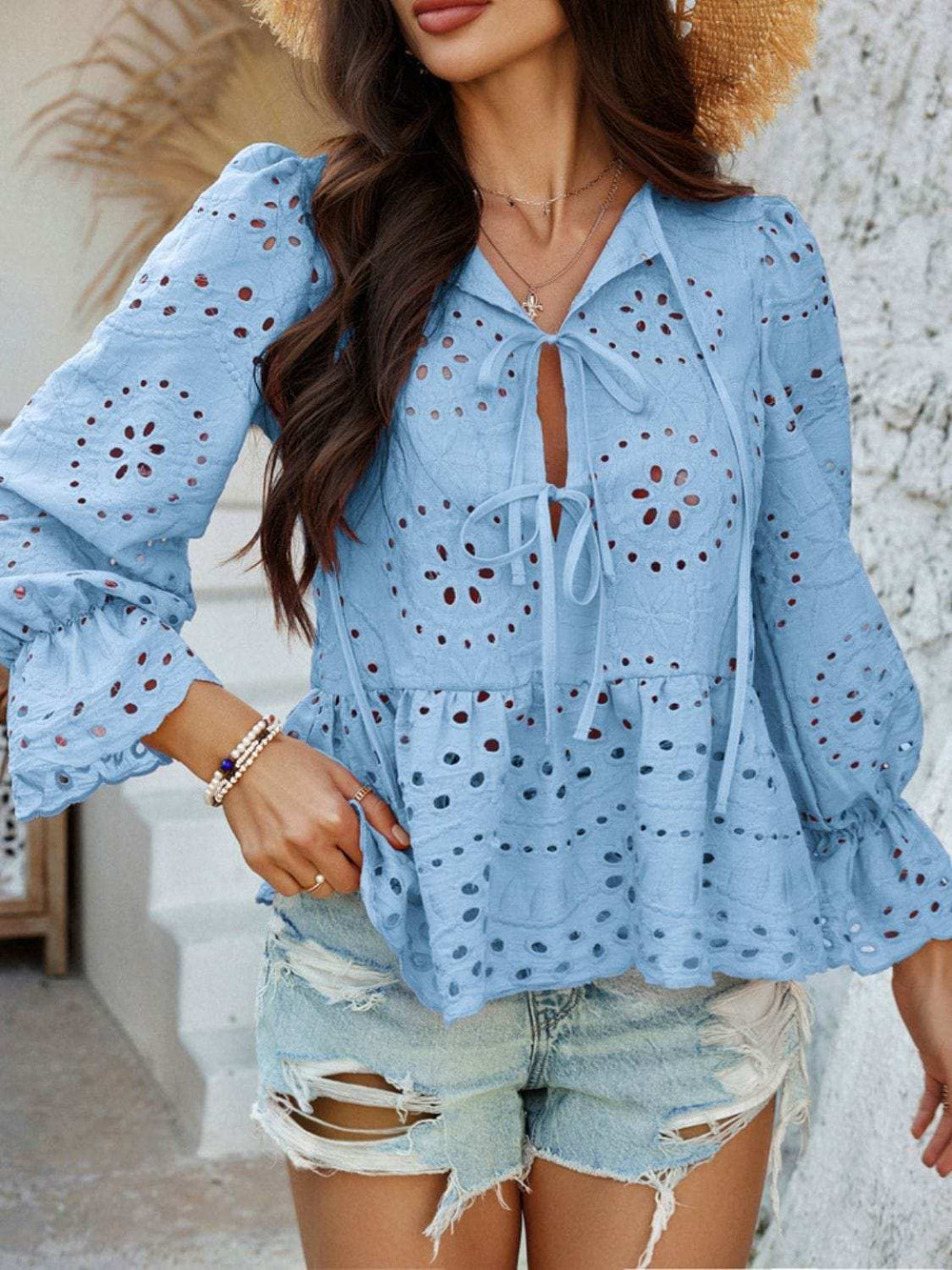 Devine Tie Front Flounce Sleeve Peplum Blouse - Trendsi - Flyclothing LLC