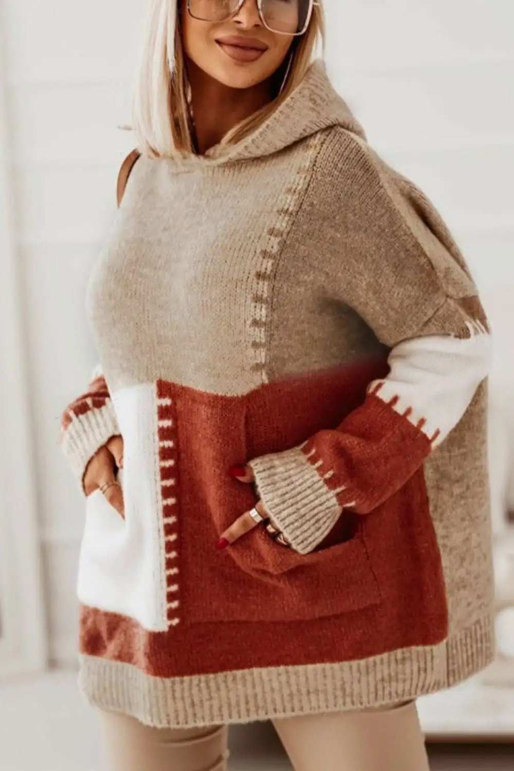 Color Block Kangaroo Pocket Hooded Sweater - Trendsi - Flyclothing LLC