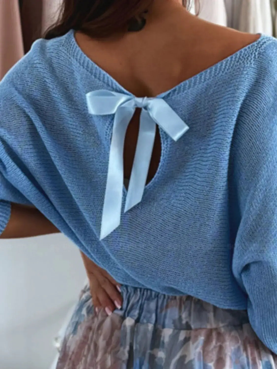Bow Back Boat Neck Batwing Sleeve Sweater - Trendsi - Flyclothing LLC