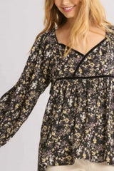 Umgee Full Size Floral Print Velvet Trimmed Balloon Sleeve Top Plus Size - Trendsi - Flyclothing LLC