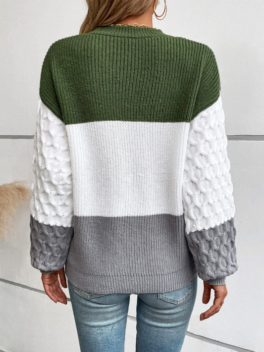 Color Block Round Neck Long Sleeve Sweater - Trendsi