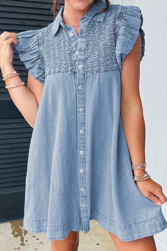 Smocked Collared Neck Cap Sleeve Denim Dress - Trendsi - Flyclothing LLC
