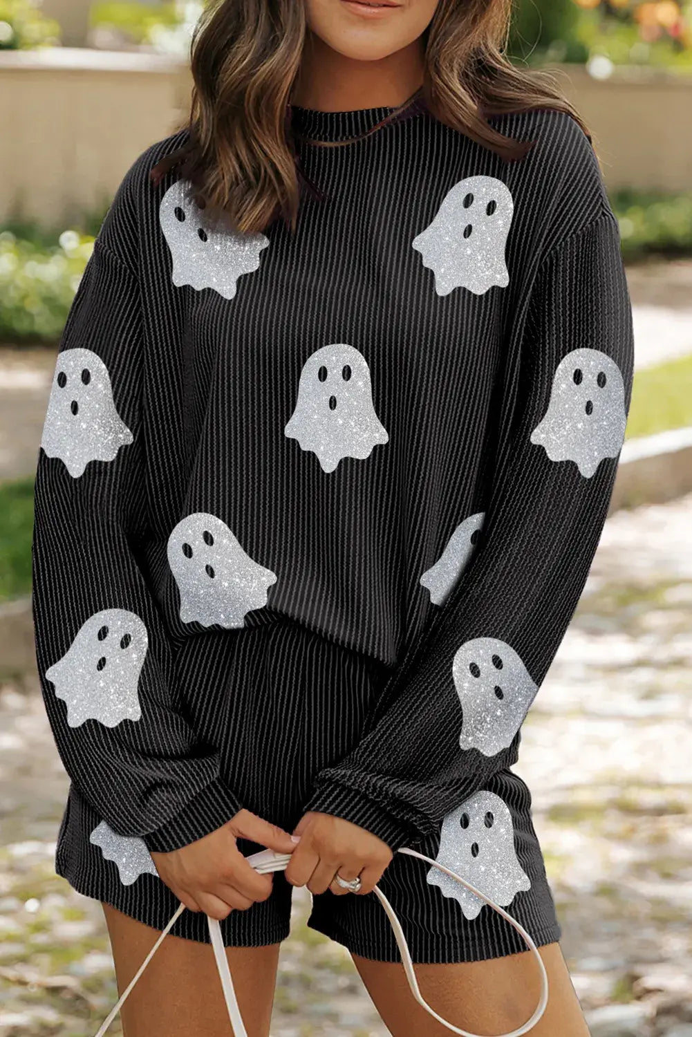 Glitter Ghost Round Neck Long Sleeve Top and Shorts Set - Trendsi - Flyclothing LLC