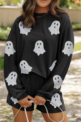 Glitter Ghost Round Neck Long Sleeve Top and Shorts Set - Trendsi - Flyclothing LLC