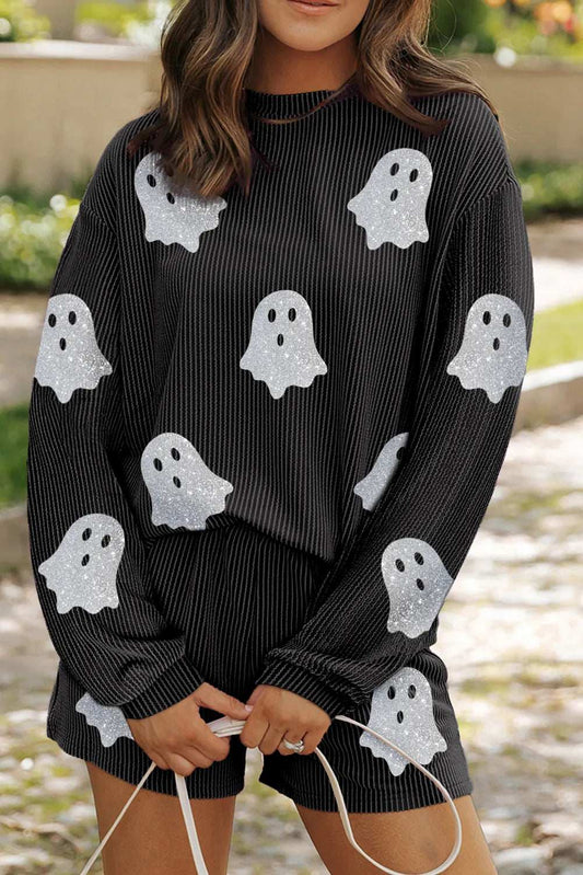 Glitter Ghost Round Neck Long Sleeve Top and Shorts Set - Trendsi - Flyclothing LLC