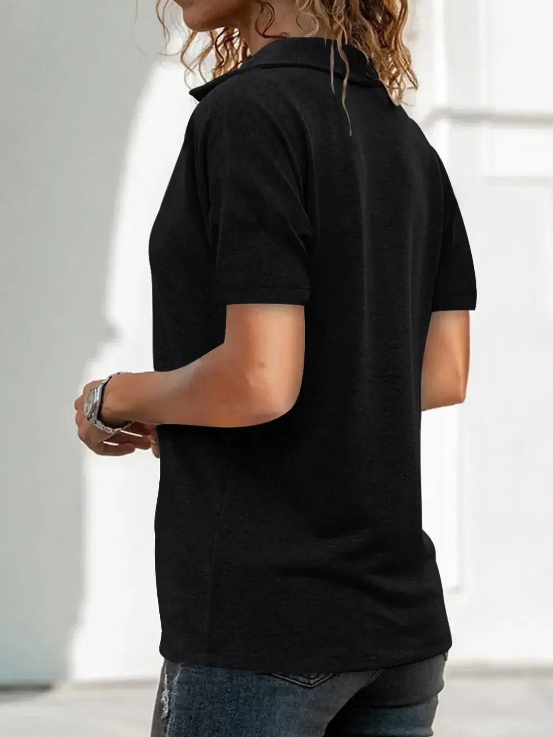 Zip Collar Short Sleeve Top - Trendsi - Flyclothing LLC