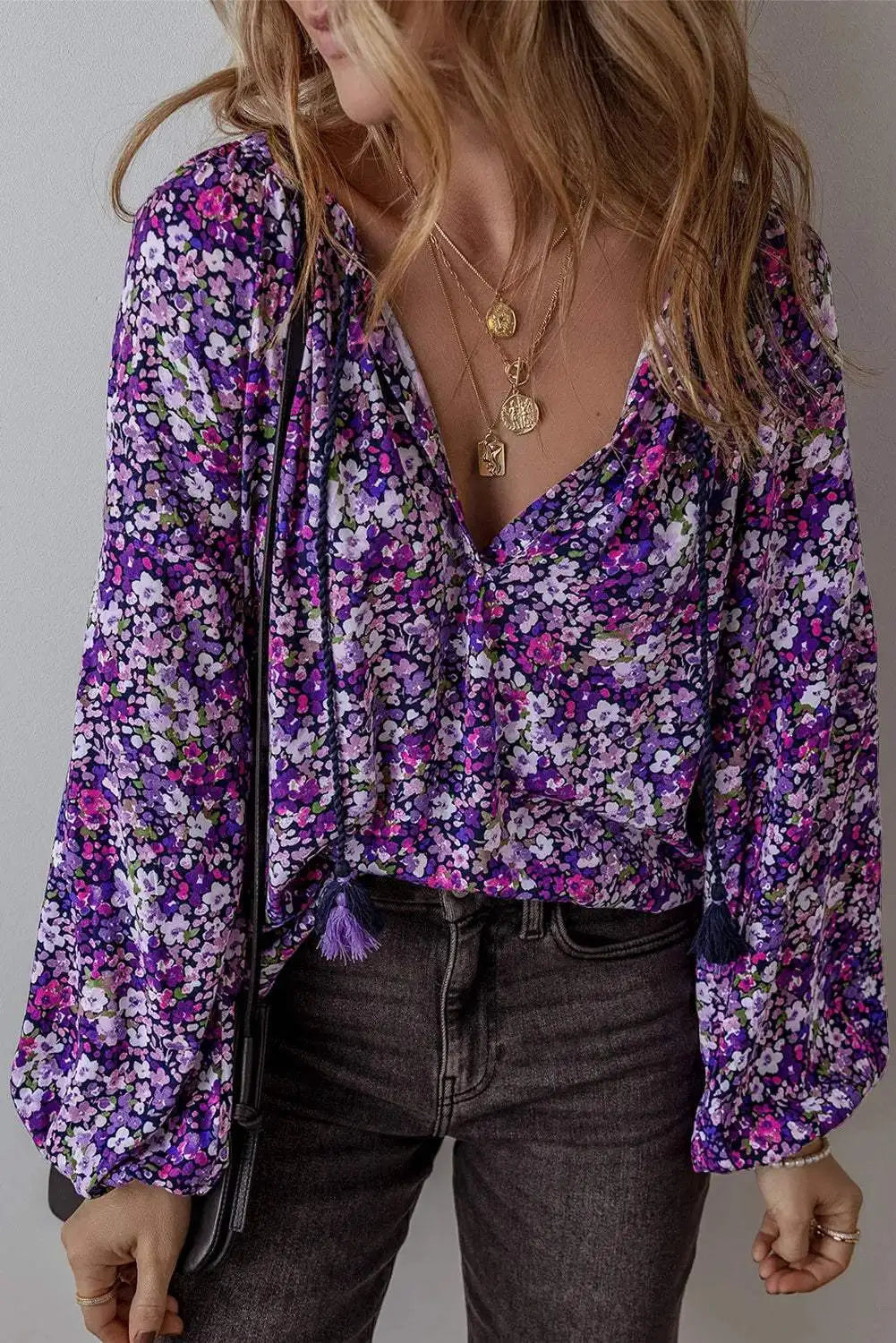 Floral Tie Neck Long Sleeve Blouse - Trendsi - Flyclothing LLC