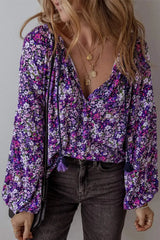 Floral Tie Neck Long Sleeve Blouse - Trendsi - Flyclothing LLC