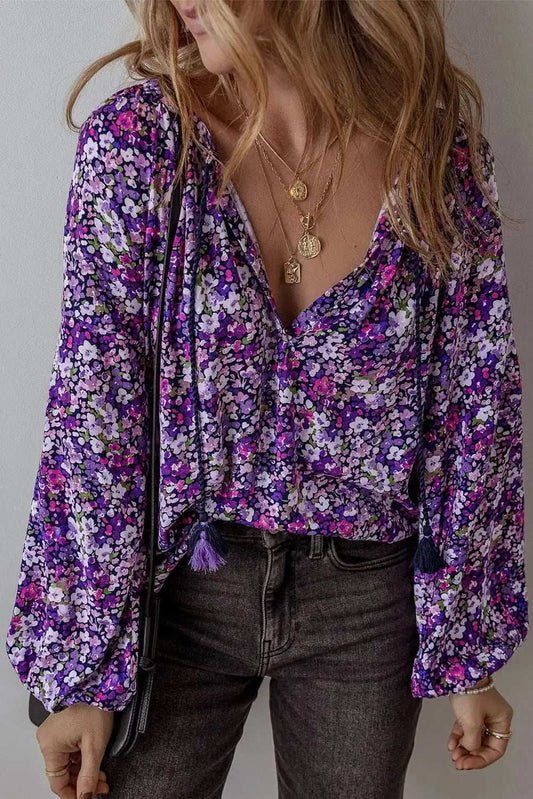 Floral Tie Neck Long Sleeve Blouse - Trendsi - Flyclothing LLC