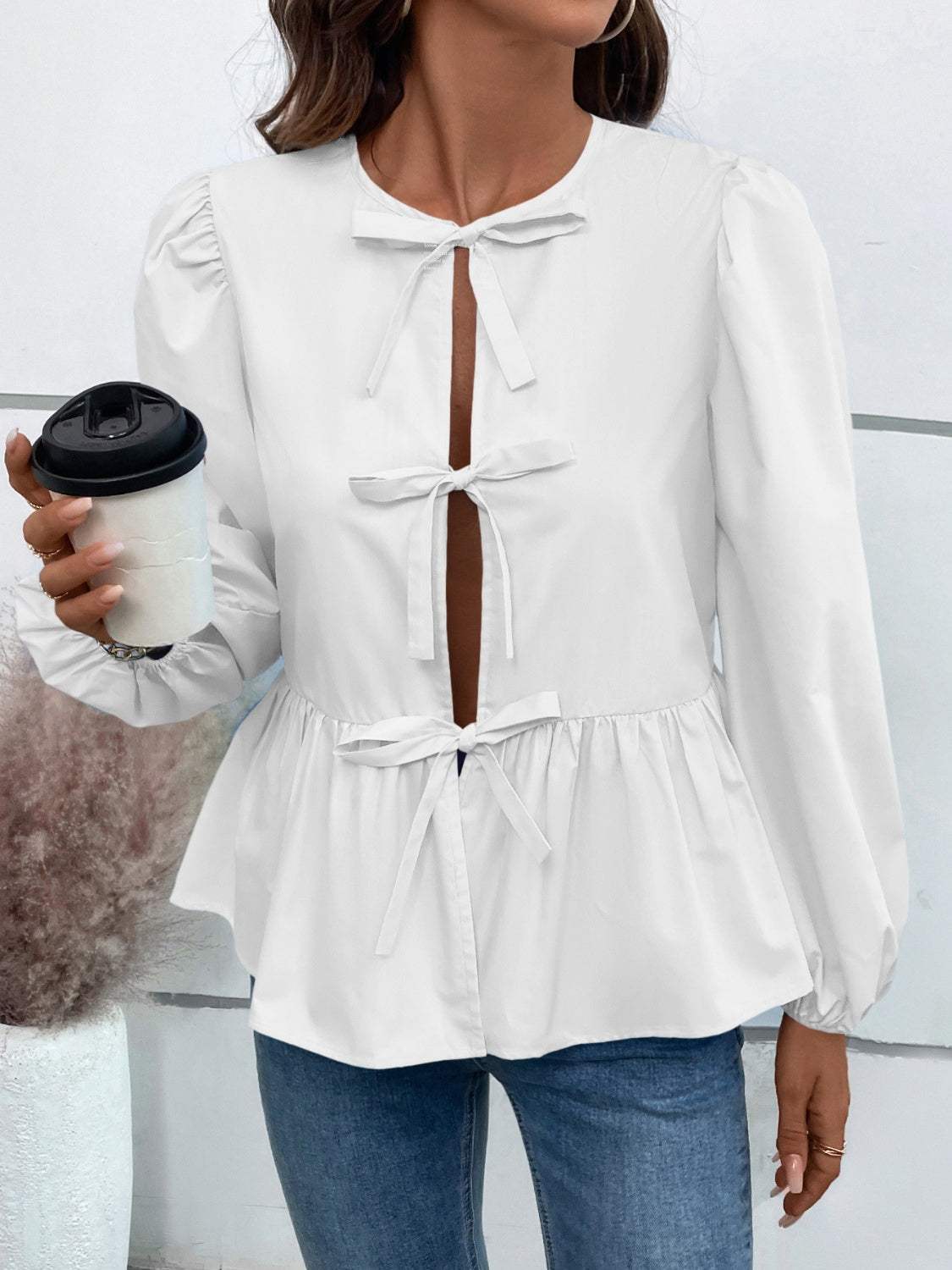 Ivy Lane Peplum Tied Long Sleeve Blouse - Trendsi - Flyclothing LLC