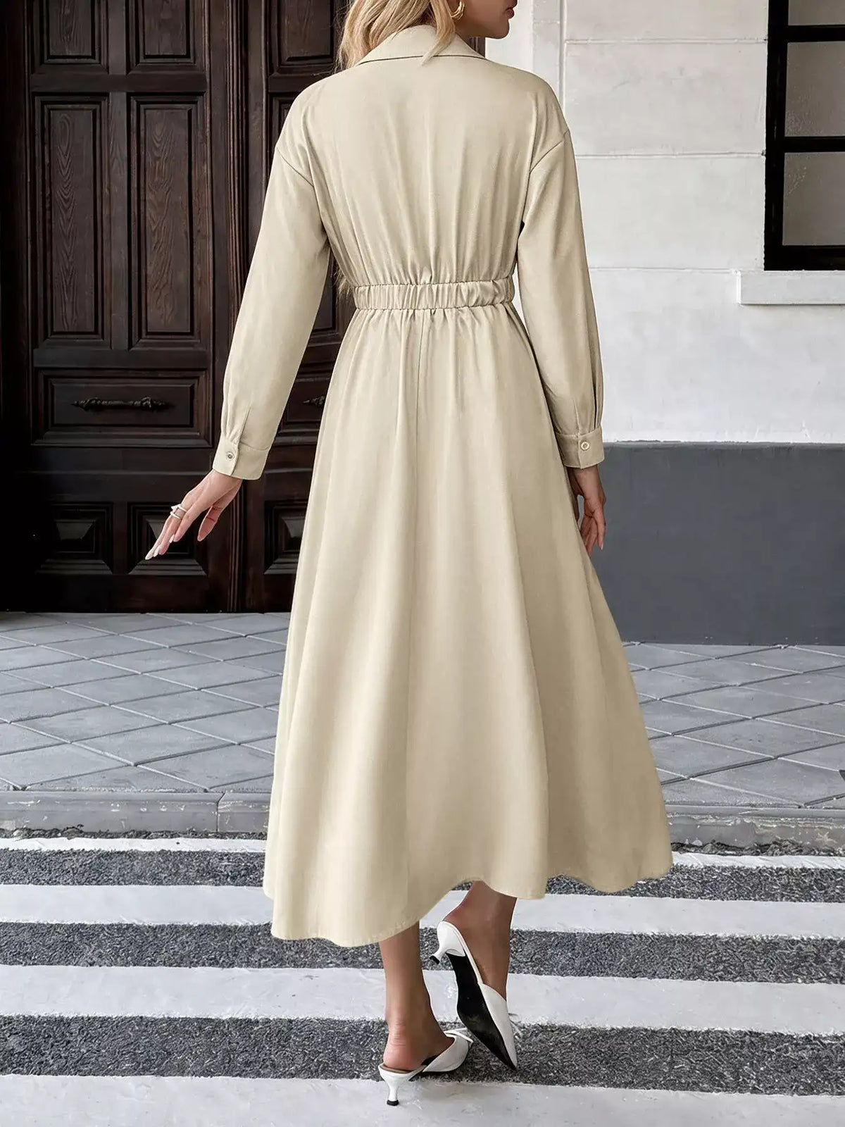 Pleated Button Detail Long Sleeve Shirt Dress - Trendsi - Flyclothing LLC