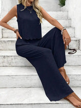 Tie Back Round Neck Top and Pants Set - Trendsi - Flyclothing LLC