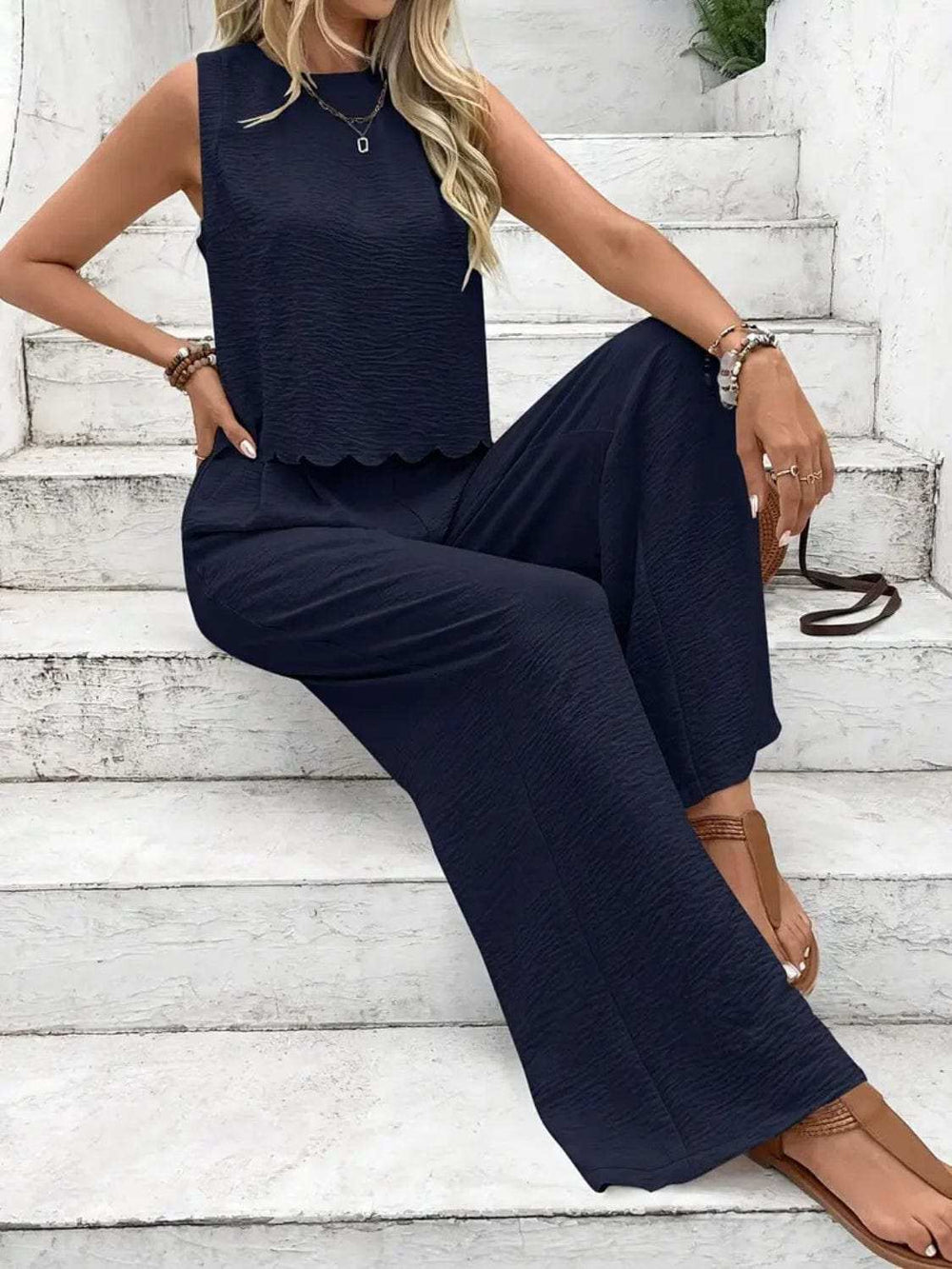 Tie Back Round Neck Top and Pants Set - Trendsi - Flyclothing LLC
