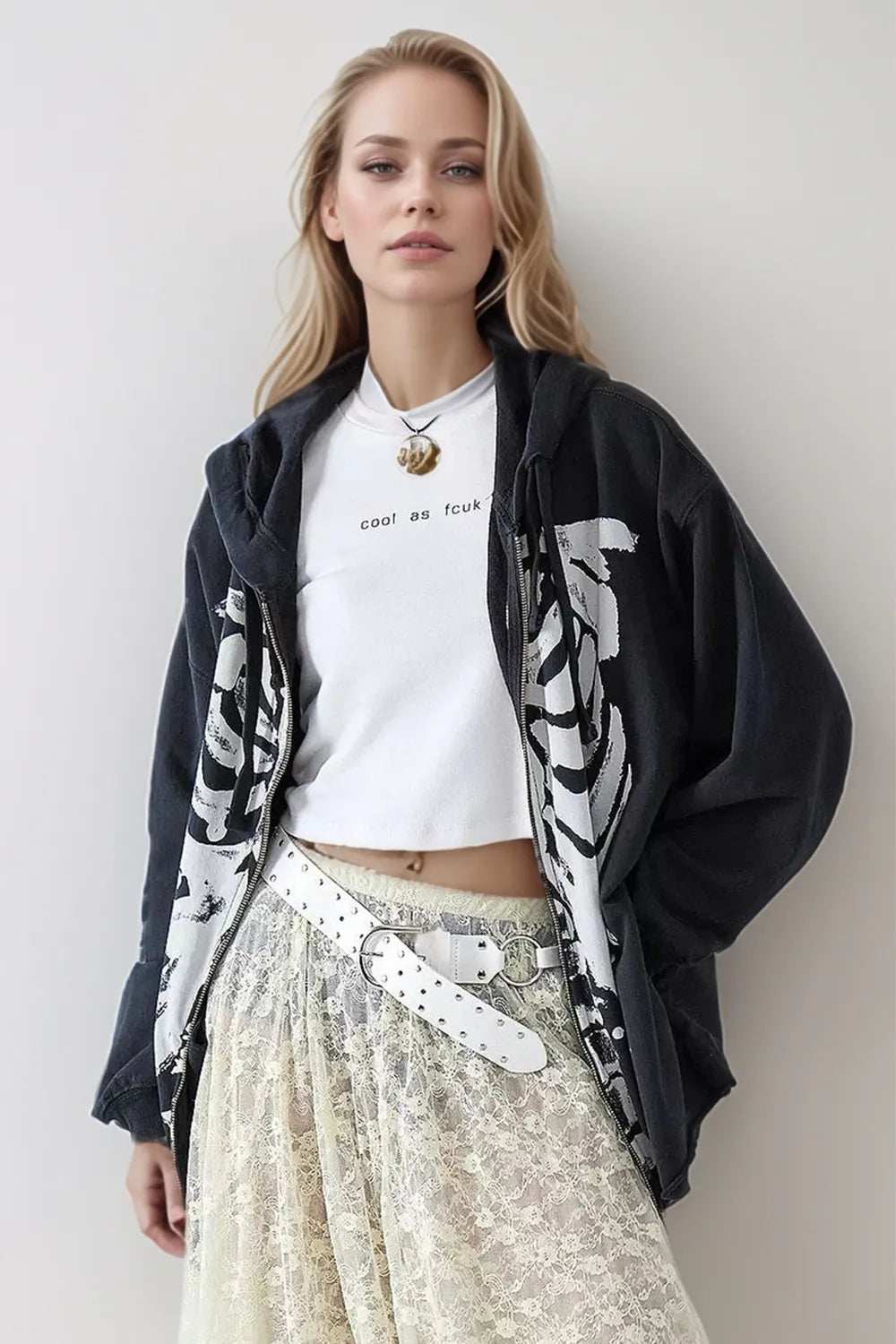 Skeleton Zip Up Drawstring Hoodie - Trendsi - Flyclothing LLC