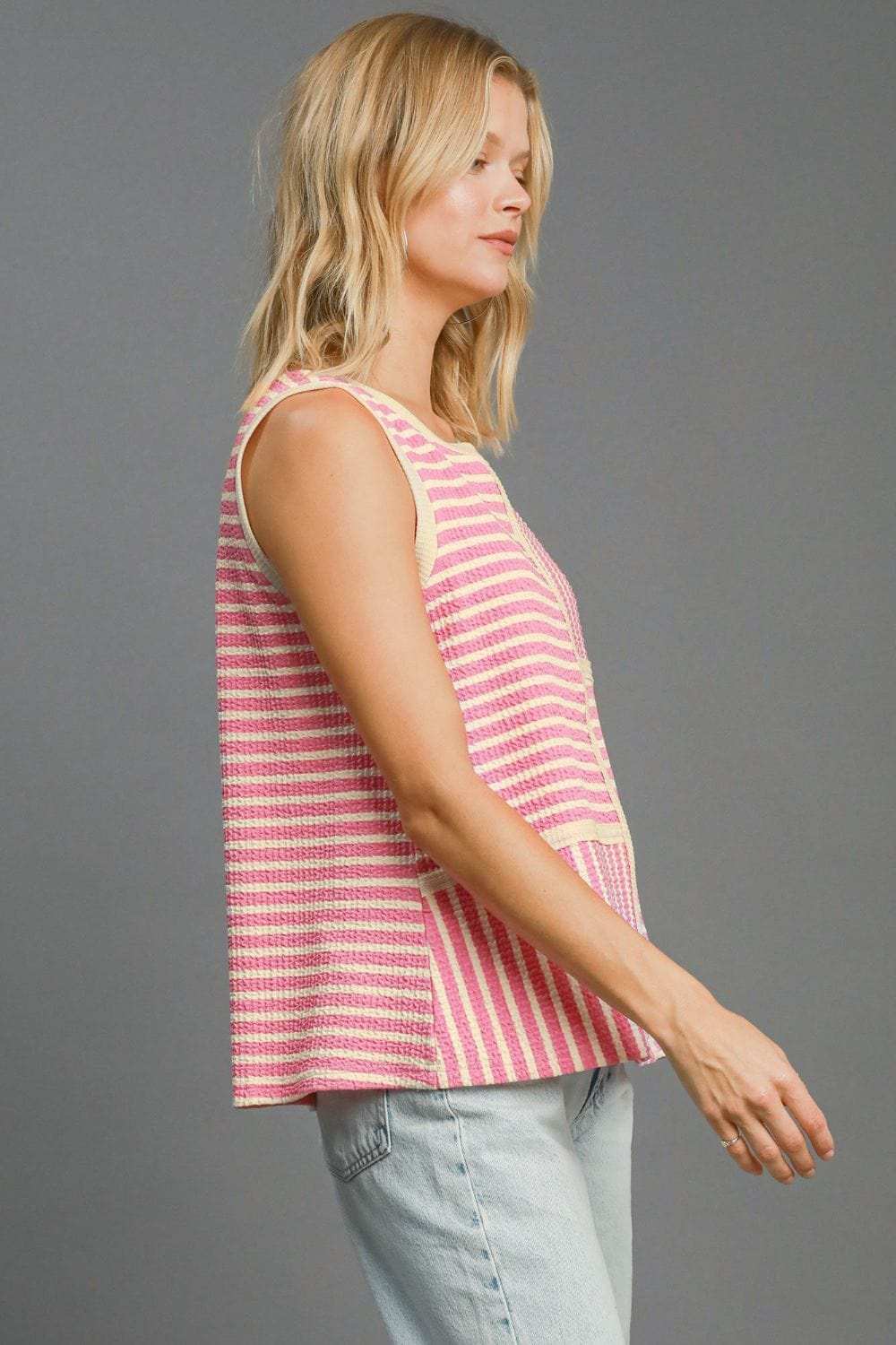 Umgee Round Neck Texture Striped Tank - Trendsi - Flyclothing LLC
