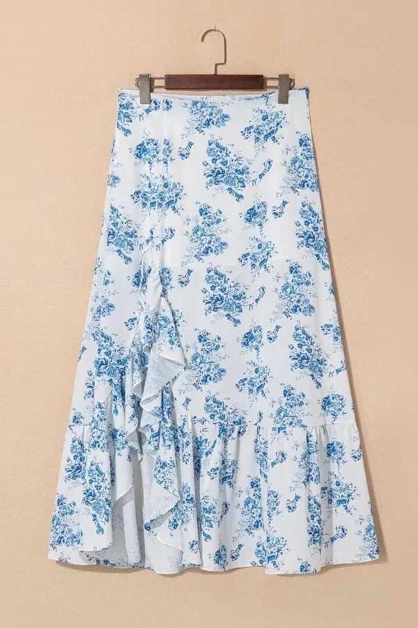 Split Asymmetrical Ruffled Printed Skirt - Trendsi - Flyclothing LLC