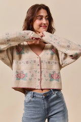 SO ME Floral Pattern Long Sleeve Button Sweater Cardigan - Trendsi - Flyclothing LLC