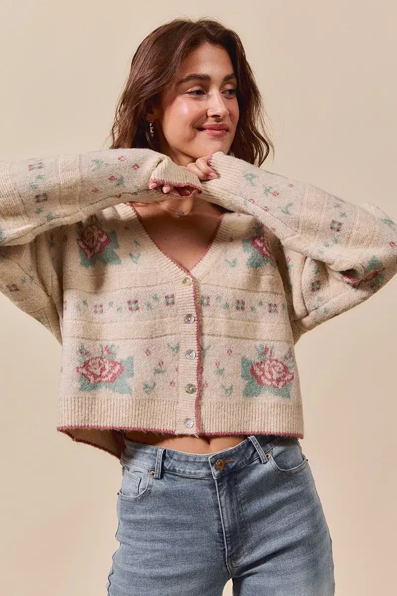 SO ME Floral Pattern Long Sleeve Button Sweater Cardigan - Trendsi - Flyclothing LLC