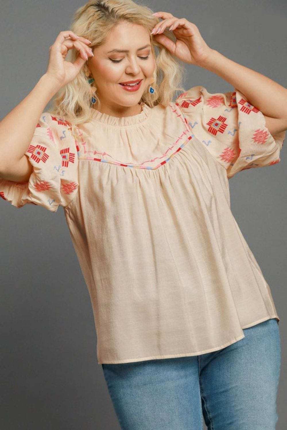 Umgee Full Size Embroidered Puff Sleeve Mock Neck Top Plus Size - Trendsi - Flyclothing LLC