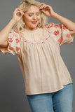 Umgee Full Size Embroidered Puff Sleeve Mock Neck Top Plus Size - Trendsi