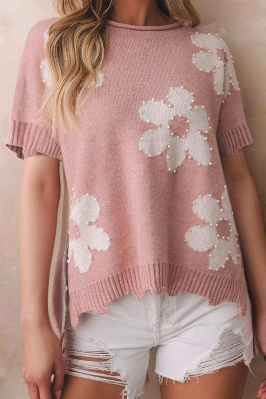 Pearl Trim Round Neck Short Sleeve Sweater - Trendsi - Flyclothing LLC