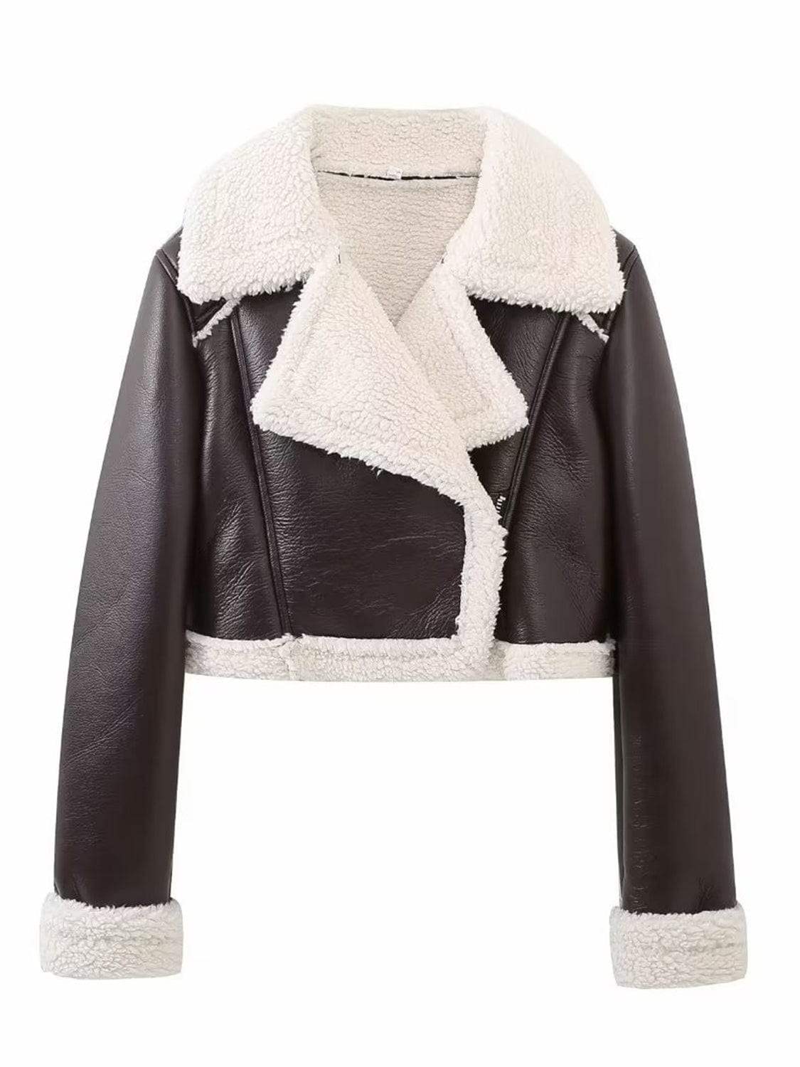 Collared Neck Long Sleeve Plush Cropped Jacket - Trendsi - Flyclothing LLC